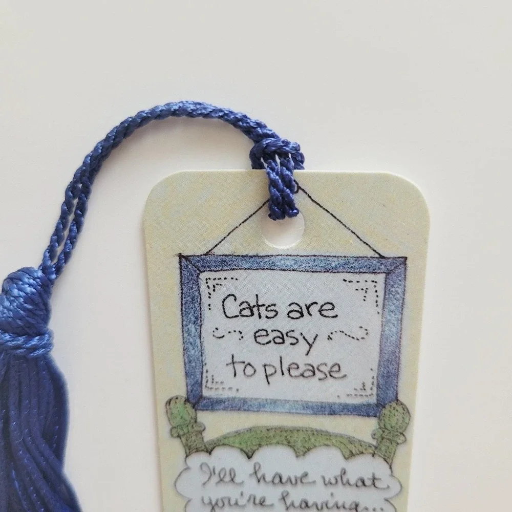 Vintage 90s Cats Easy To Please Tassel Bookmark 1992 Susan Sturgill, Antioch USA